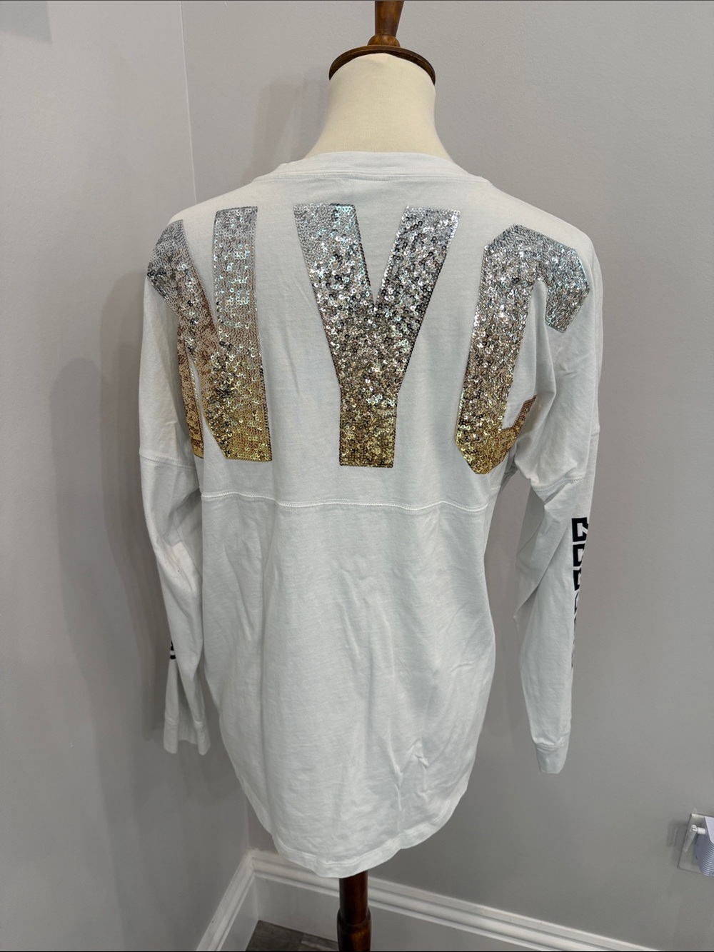 PINK Victoria's Secret White Long-Sleeve Top with Gold & Silver Sequin 'NYC'